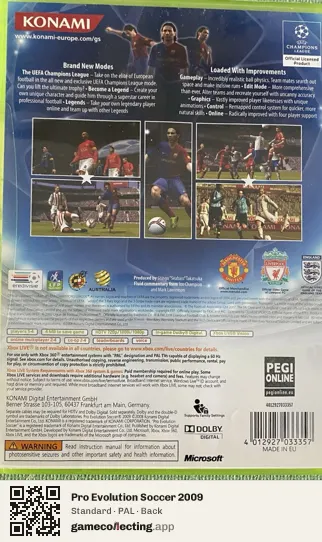 Pro Evolution Soccer 2009 Xbox 360, PAL box back