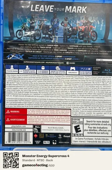 Monster Energy Supercross 4 PlayStation 4, NTSC box back