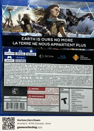 Horizon Zero Dawn PlayStation 4, Canada box back