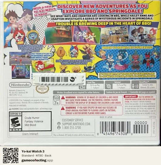 Yo-kai Watch 3 Nintendo 3DS, NTSC box back