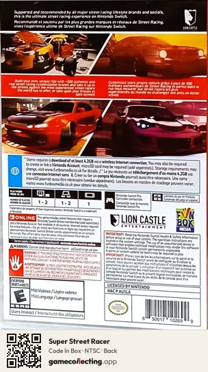 Super Street Racer Nintendo Switch, NTSC box back