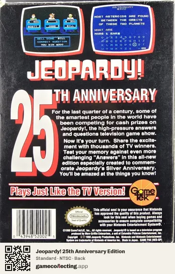 Jeopardy! 25th Anniversary Edition Nintendo Entertainment System, NTSC box back