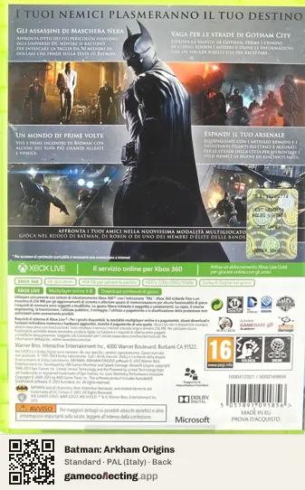 Batman: Arkham Origins Xbox 360, Italy box back