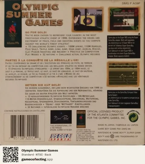 Olympic Summer Games Game Boy, NTSC box back