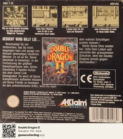 Double Dragon II Game Boy, PAL box back