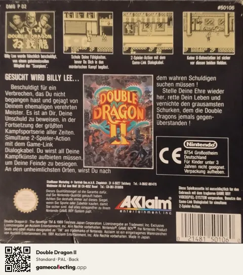 Double Dragon II Game Boy, PAL box back
