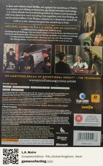 L.A. Noire Xbox 360, United Kingdom box back