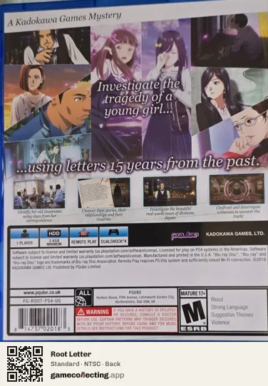 Root Letter PlayStation 4, NTSC box back