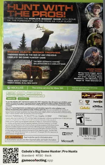 Cabela's Big Game Hunter: Pro Hunts Xbox 360, NTSC box back