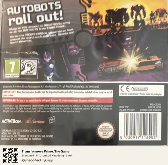 Transformers Prime: The Game Nintendo DS, United Kingdom box back