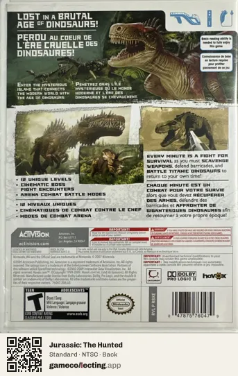 Jurassic: The Hunted Nintendo Wii, NTSC box back