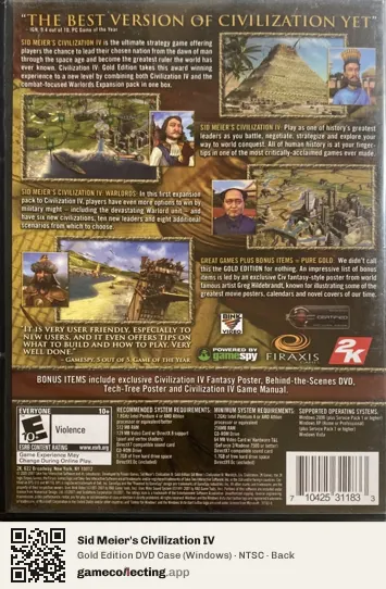 Sid Meier's Civilization IV Computer, NTSC box back