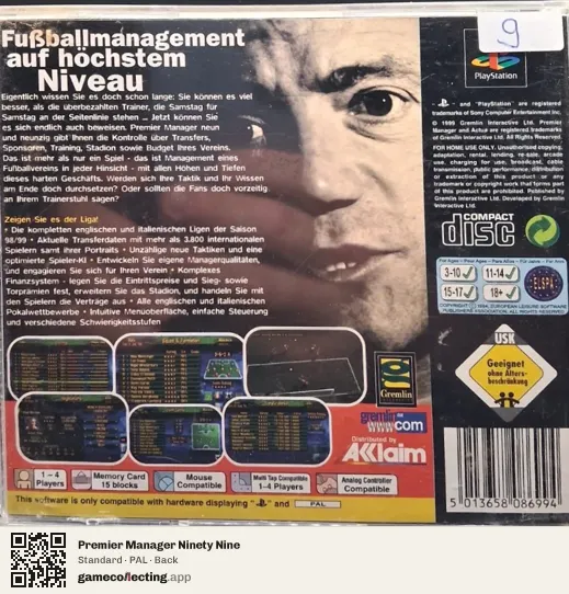Premier Manager Ninety Nine PlayStation, PAL box back