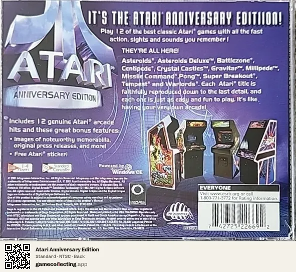 Atari Anniversary Edition Sega Dreamcast, NTSC box back