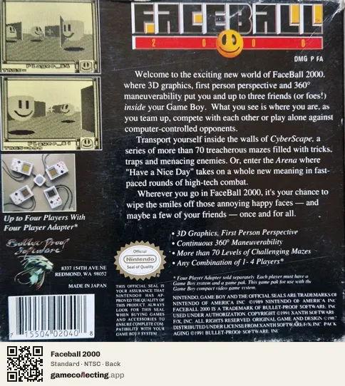 Faceball 2000 Game Boy, NTSC box back