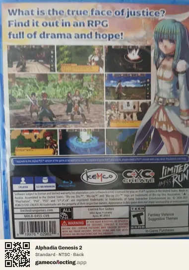 Alphadia Genesis 2 PlayStation 4, NTSC box back