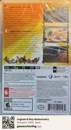 Legend of Kay Anniversary Nintendo Switch, NTSC box back