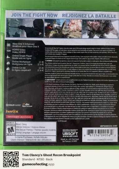 Tom Clancy's Ghost Recon Breakpoint Xbox One, NTSC box back