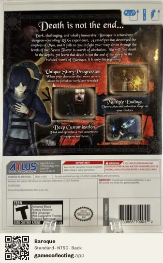 Baroque Nintendo Wii, NTSC box back
