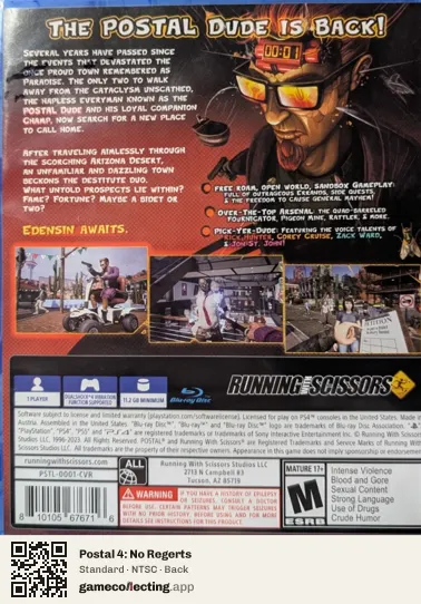 Postal 4: No Regerts PlayStation 4, NTSC box back