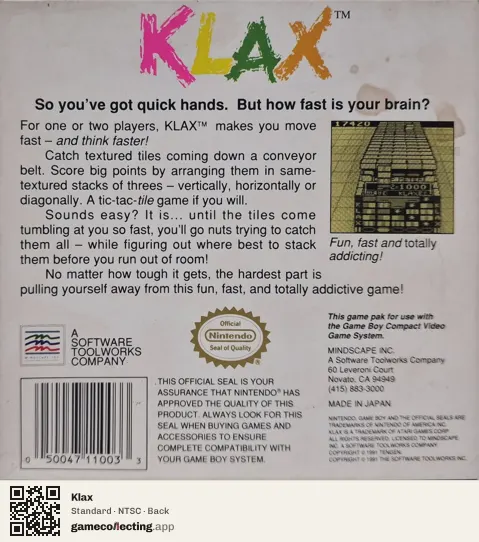 Klax Game Boy, NTSC box back