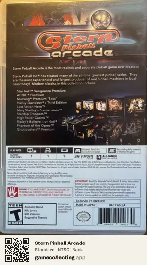 Stern Pinball Arcade Nintendo Switch, NTSC box back