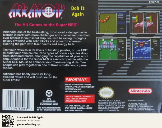 Arkanoid: Doh It Again Super Nintendo Entertainment System, NTSC box back
