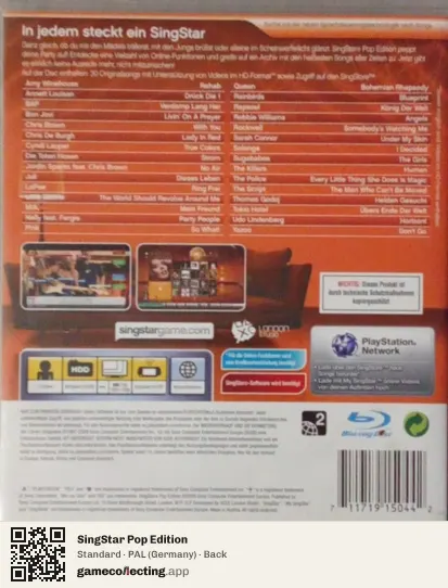 SingStar Pop Edition PlayStation 3, Germany box back