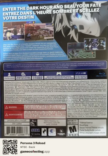 Persona 3 Reload PlayStation 4, NTSC box back