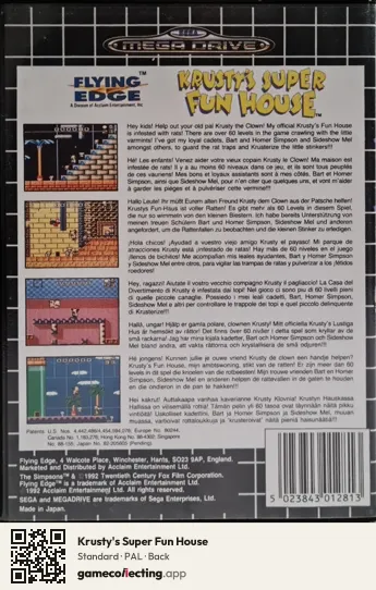 Krusty's Super Fun House Sega Mega Drive / Genesis, PAL box back