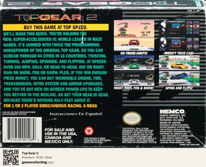 Top Gear 2 Super Nintendo Entertainment System, NTSC box back