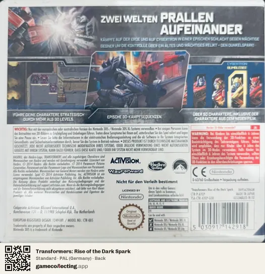 Transformers: Rise of the Dark Spark Nintendo 3DS, Germany box back