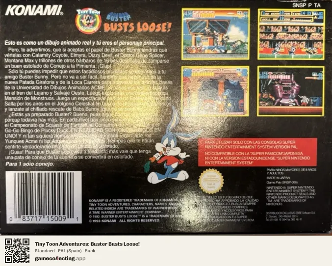 Tiny Toon Adventures: Buster Busts Loose! Super Nintendo Entertainment System, Spain box back