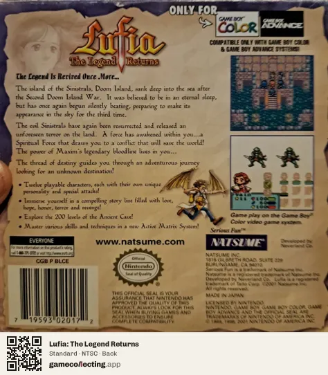 Lufia: The Legend Returns Game Boy Color, NTSC box back