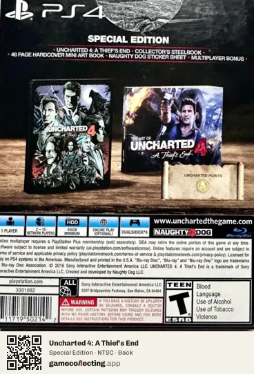 Uncharted 4: A Thief's End PlayStation 4, NTSC box back