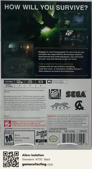 Alien: Isolation Nintendo Switch, NTSC box back