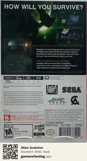 Alien: Isolation Nintendo Switch, NTSC box back