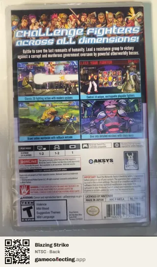 Blazing Strike Nintendo Switch, NTSC box back