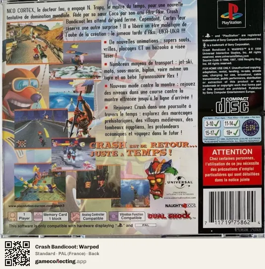 Crash Bandicoot: Warped PlayStation, France box back