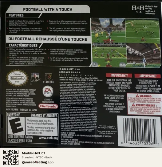 Madden NFL 07 Nintendo DS, NTSC box back