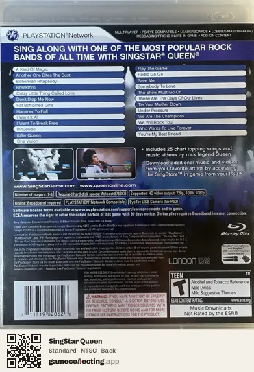 SingStar Queen PlayStation 3, NTSC box back