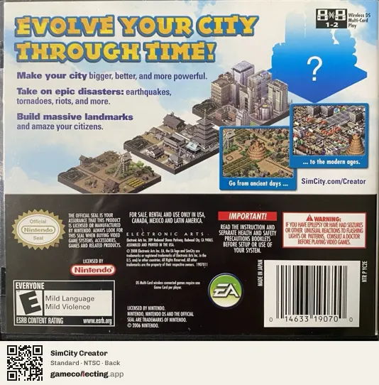 SimCity Creator Nintendo DS, NTSC box back