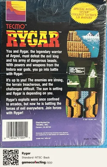 Rygar Nintendo Entertainment System, NTSC box back