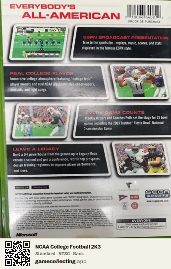 NCAA College Football 2K3 Xbox, NTSC box back