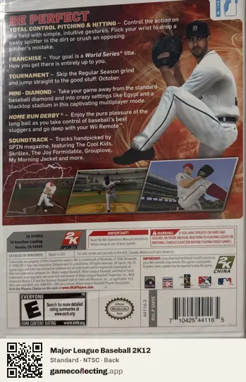 Major League Baseball 2K12 Nintendo Wii, NTSC box back