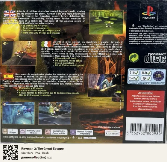 Rayman 2: The Great Escape PlayStation, PAL box back