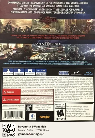 Bayonetta & Vanquish PlayStation 4, NTSC box back