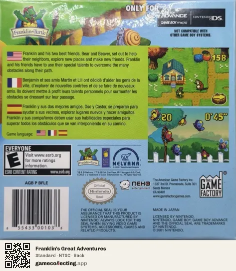Franklin's Great Adventures Game Boy Advance, NTSC box back