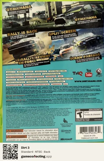 Dirt 3 Xbox 360, NTSC box back