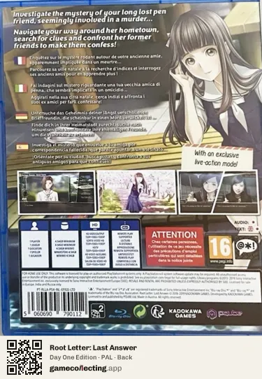 Root Letter: Last Answer PlayStation 4, PAL box back